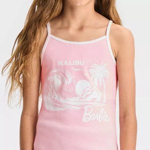 Girls' Barbie Ribbed Tank Top Malibu Tropical Scene Pink White Size XL (14) NWT